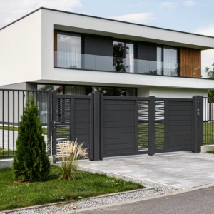 Set porti metalice din aluminiu, gri antracit, model Poseidon, Poarta Pietonala 900x1800mm, Poarta Auto 3000x1800mm